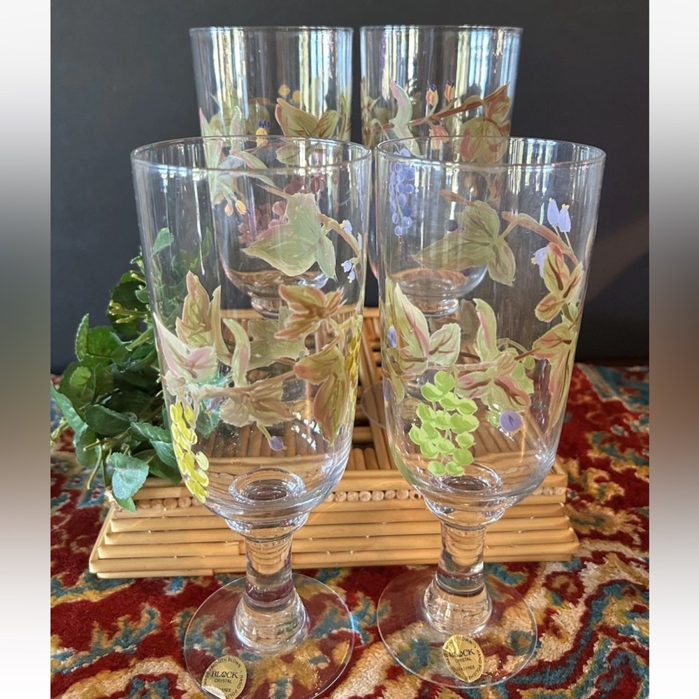 4 Vintage Block Crystal Painted Drink Glasses Footed Iced Water/Tea 9"‎ NOS